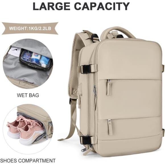 Unisex Large Travel Backpack Waterproof Rucksack Casual Daypack, Khaki - Picture 3 of 6